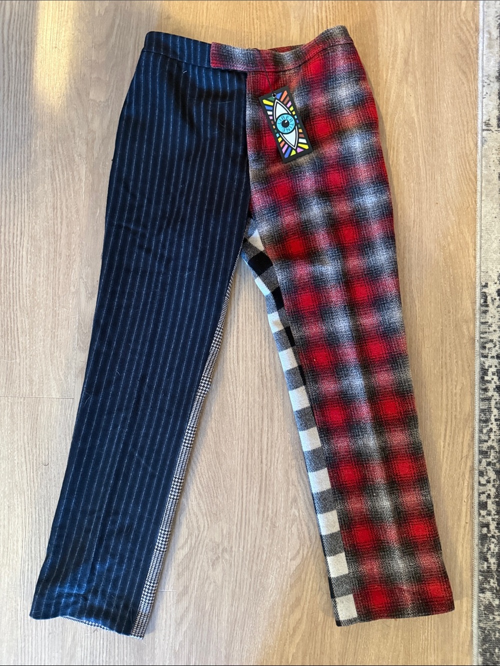 Mixed-Pattern Ankle Pants in Red Plaid & Black Pinstripe